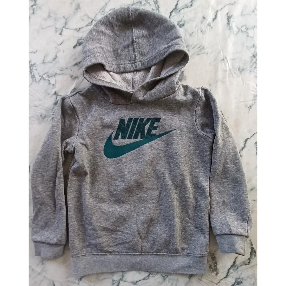Nike Graphic Logo Hoodie Kids 4T Gray Teal Pullover Fleece Sweatshirt Swoosh